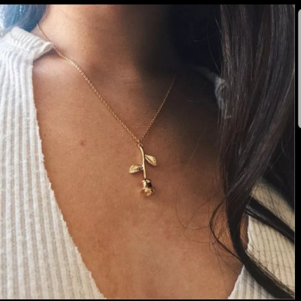 Boho Single Rose Stem Gold Tone Necklace A1